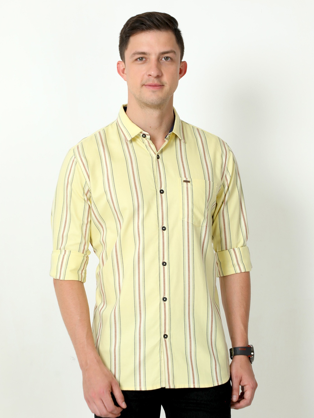 

URBARO Smart Slim Fit Vertical Stripes Cotton Casual Shirt, Yellow