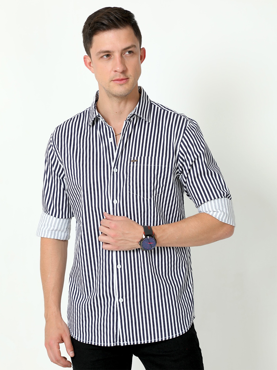 

URBARO Vertical Striped Smart Slim Fit Cotton Casual Shirt, Black