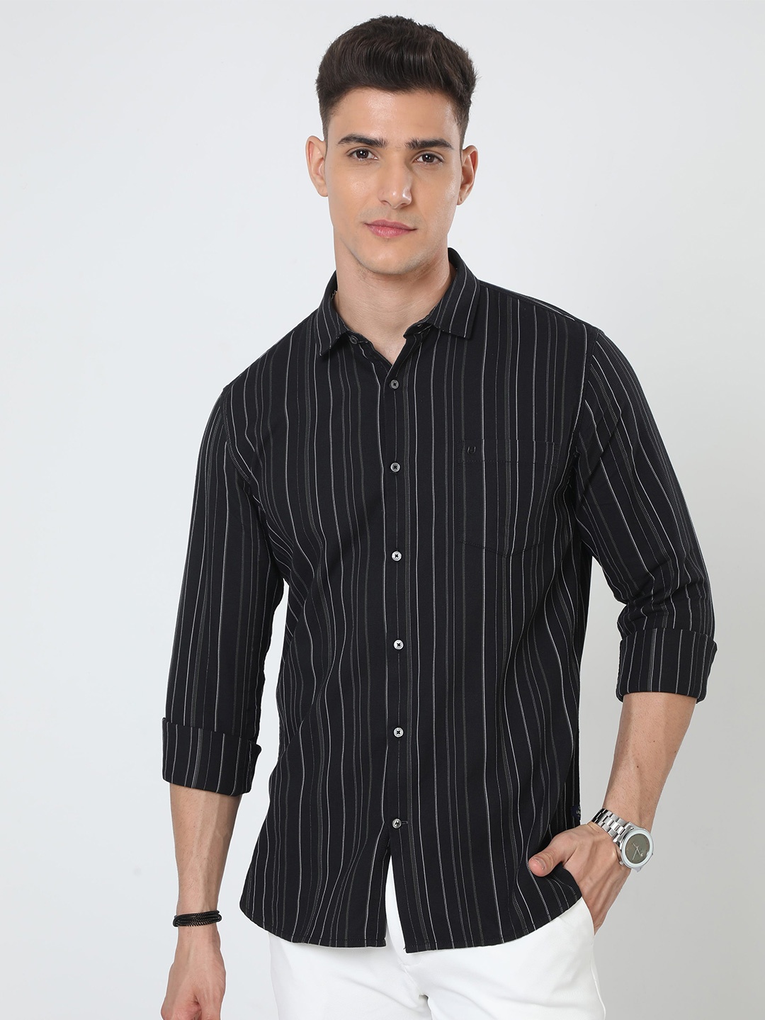 

URBARO Smart Vertical Stripes Slim Fit Pure Cotton Casual Shirt, Black