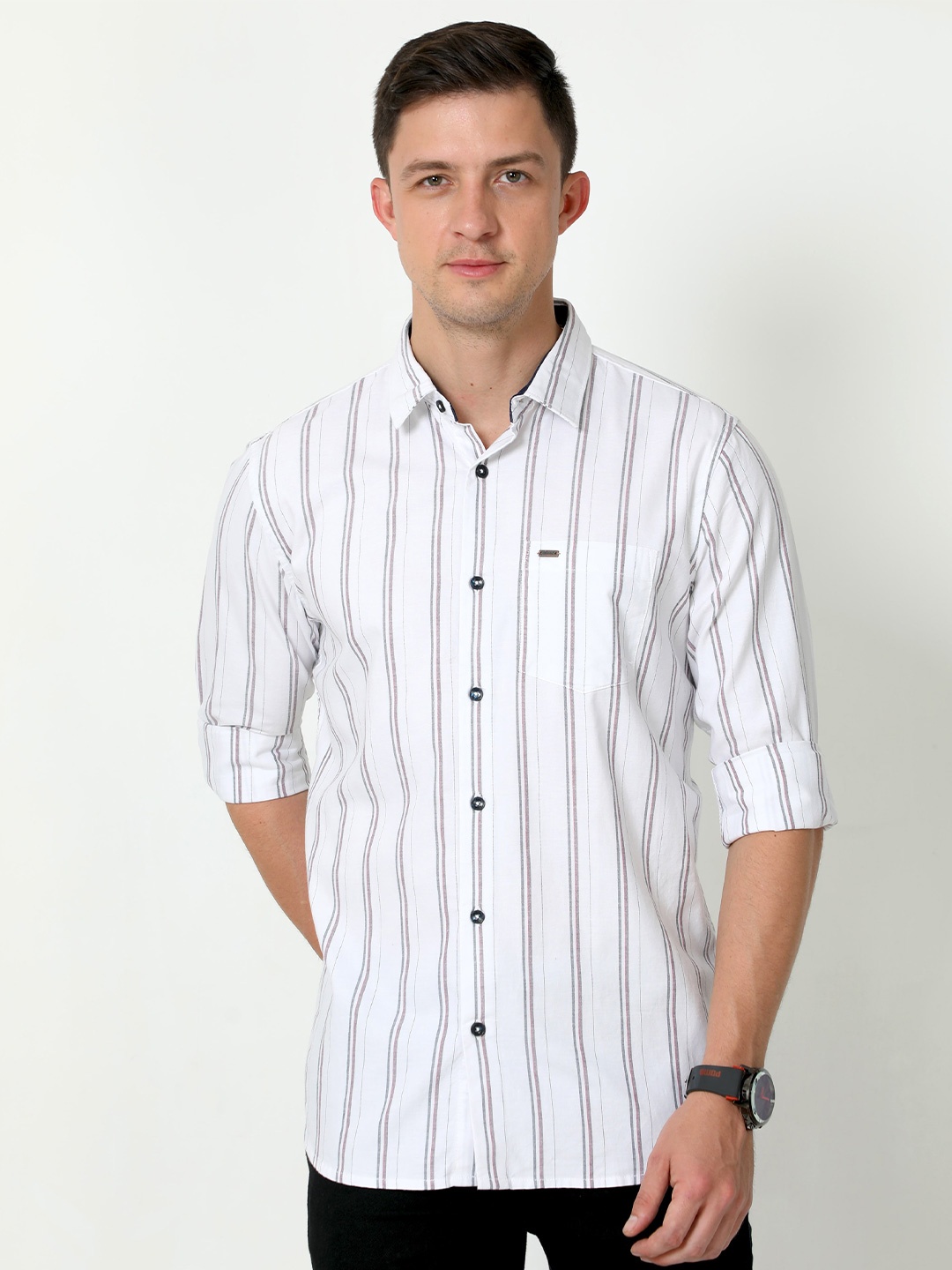 

URBARO Vertical Striped Smart Slim Fit Cotton Casual Shirt, White