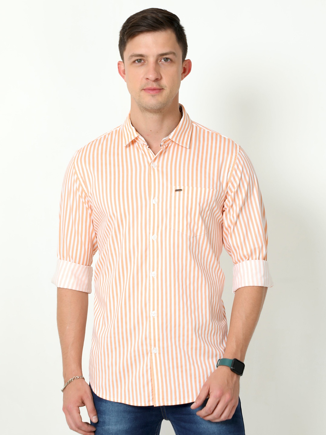 

URBARO Smart Slim Fit Striped Spread Collar Long Sleeve Cotton Casual Shirt, Orange