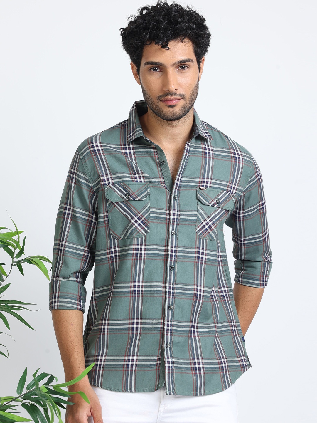

URBARO Tartan Checked Smart Slim Fit Casual Shirt, Green