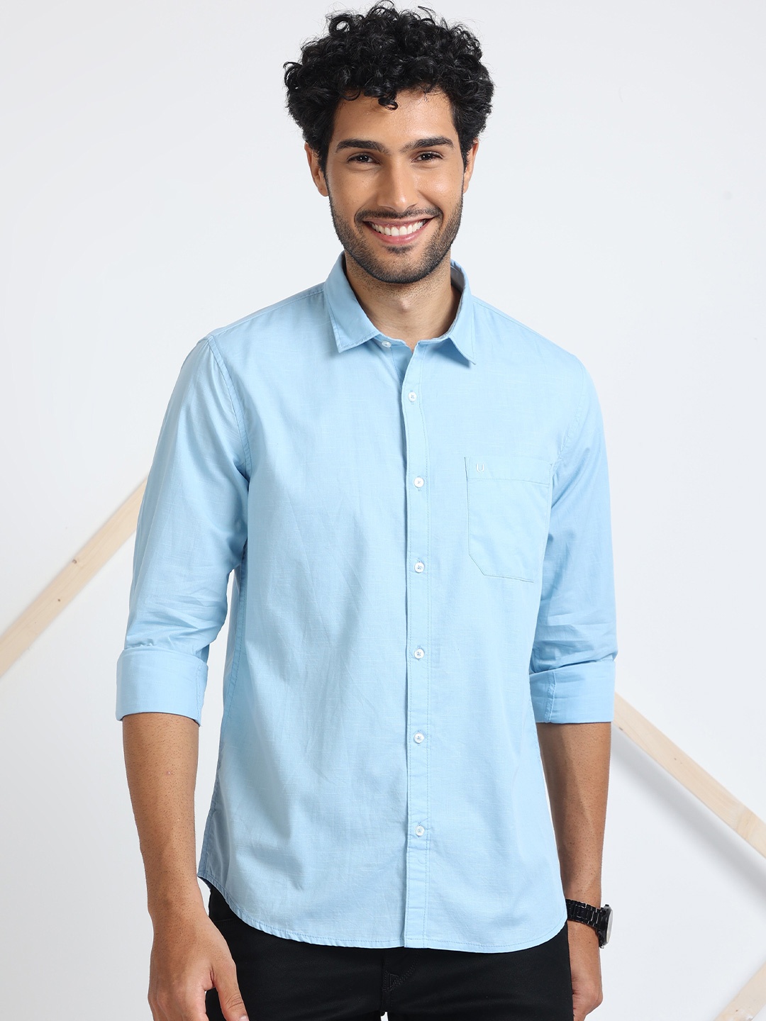 

URBARO Smart Slim Fit Spread Collar Pure Cotton Casual Shirt, Blue