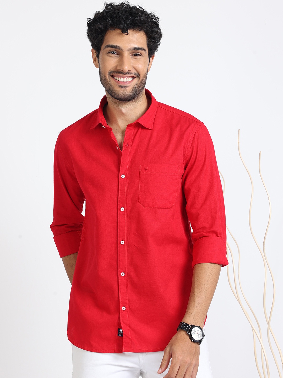 

URBARO Smart Slim Fit Spread Collar Pure Cotton Casual Shirt, Red
