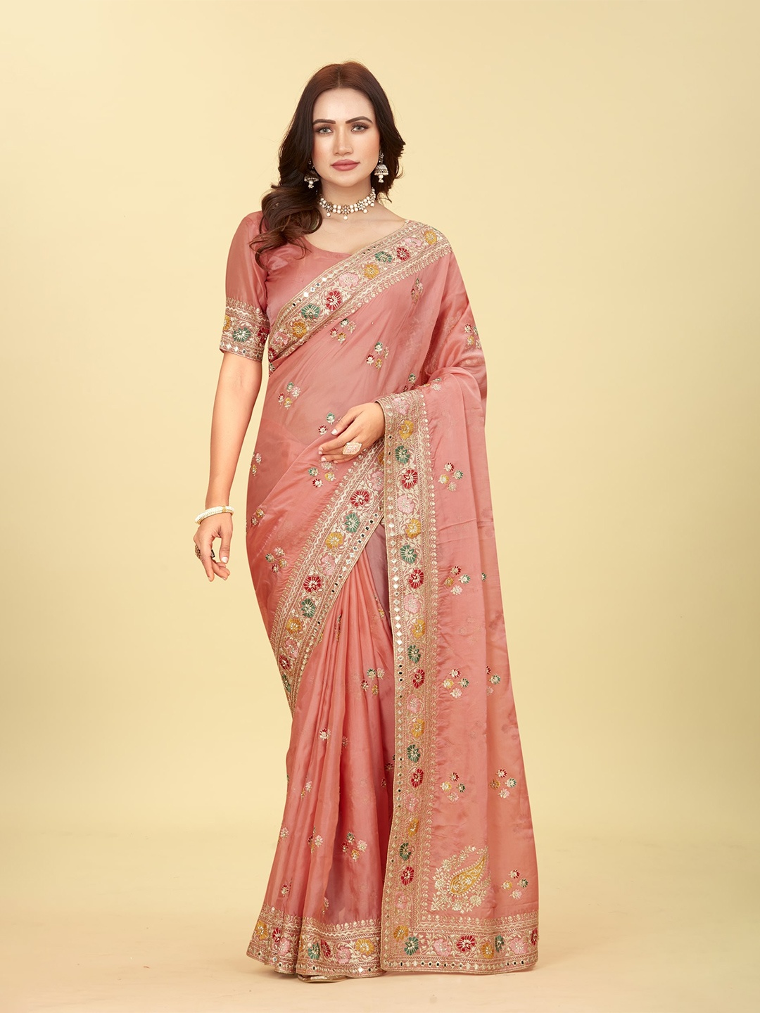 

CHANSI Orange Embroidered Organza Saree