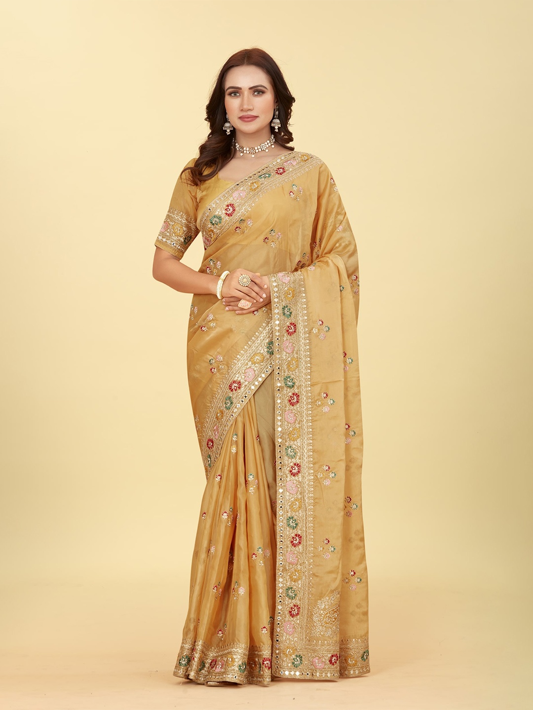 

CHANSI Floral Embroidered Mirror Work Organza Saree, Mustard