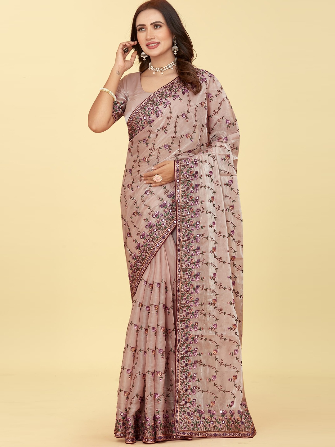 

CHANSI Peach-Coloured Embroidered Organza Saree