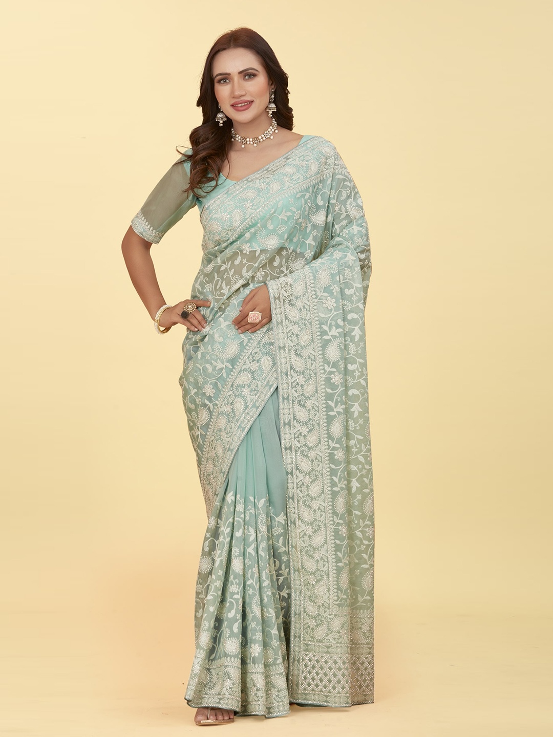

CHANSI Floral Embroidered Organza Saree, Sea green