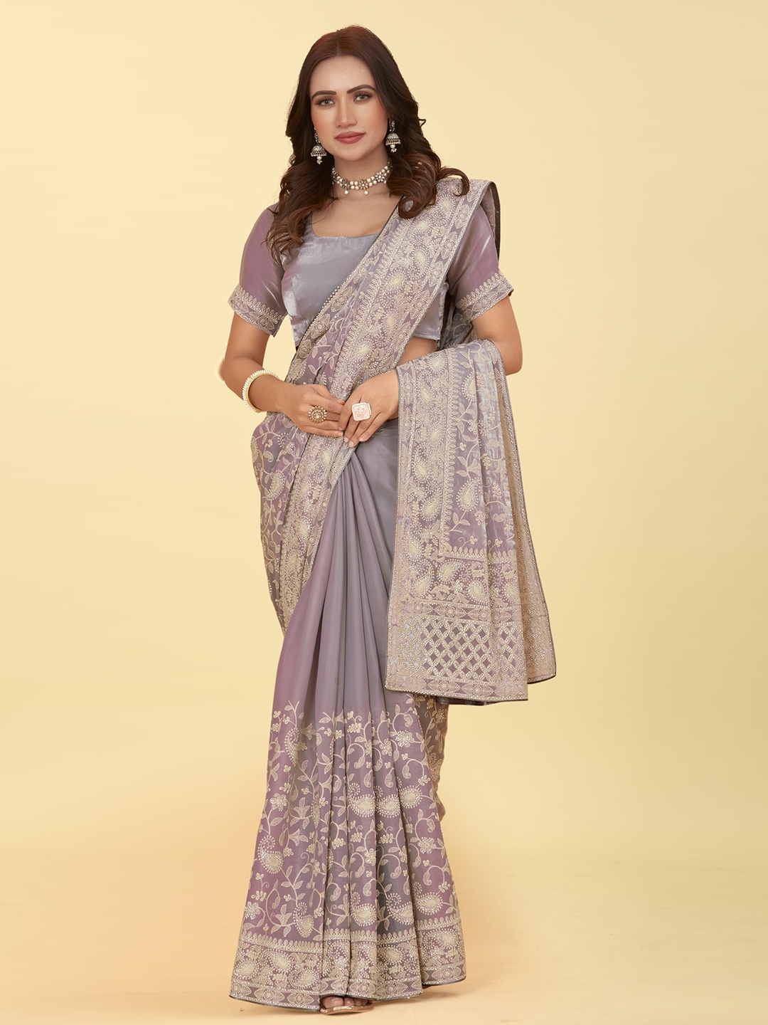 

CHANSI Grey Embroidered Organza Saree