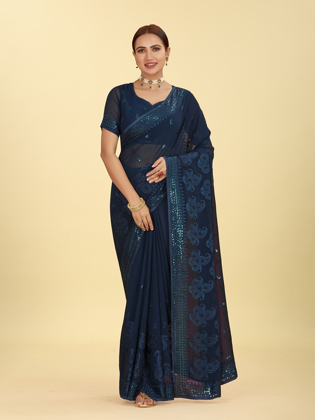 

CHANSI Blue Embroidered Poly Georgette Saree