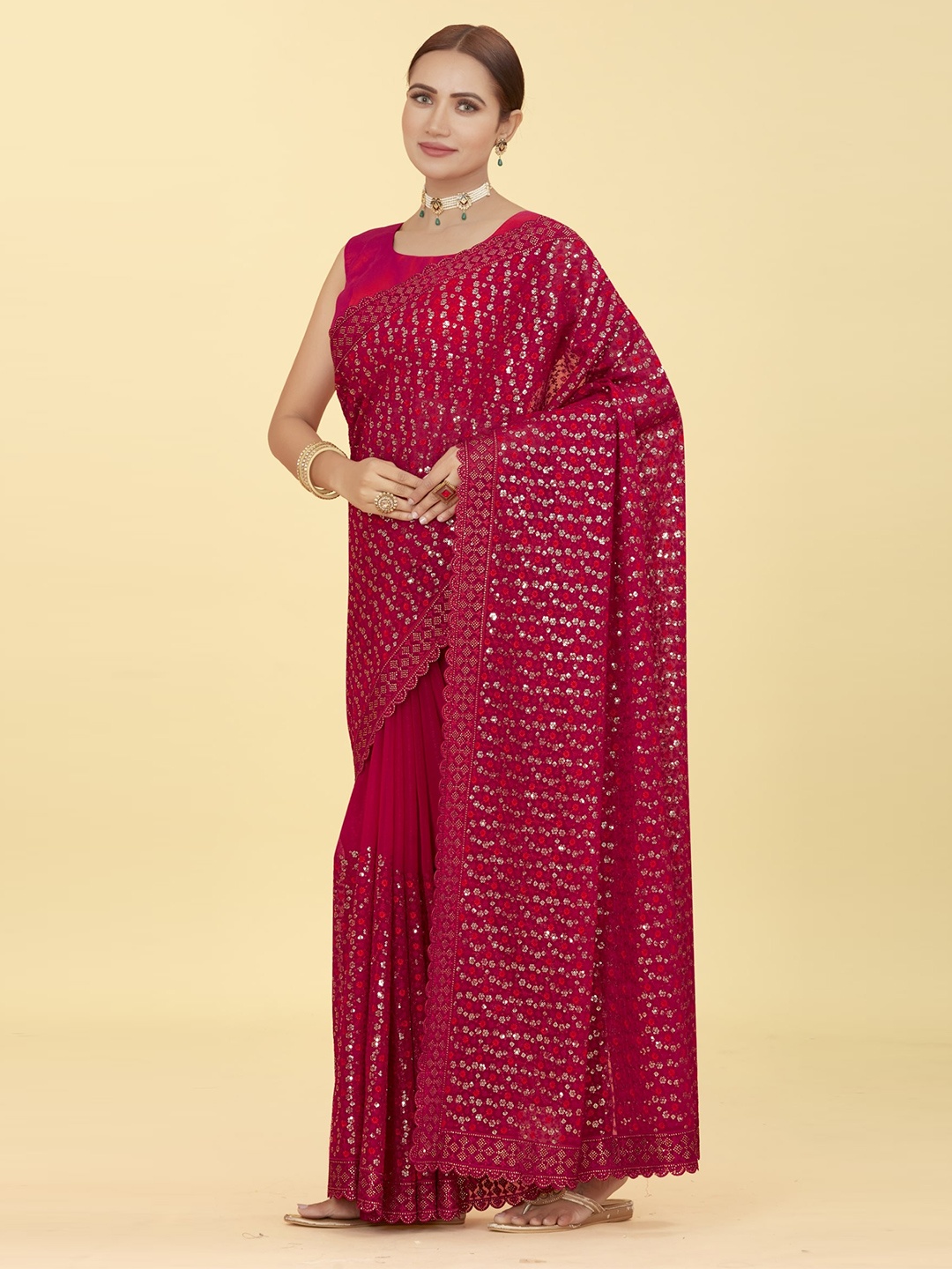 

CHANSI Pink Embroidered Poly Georgette Saree