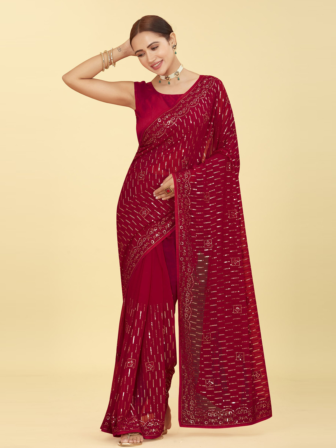 

CHANSI Pink Embroidered Poly Georgette Saree