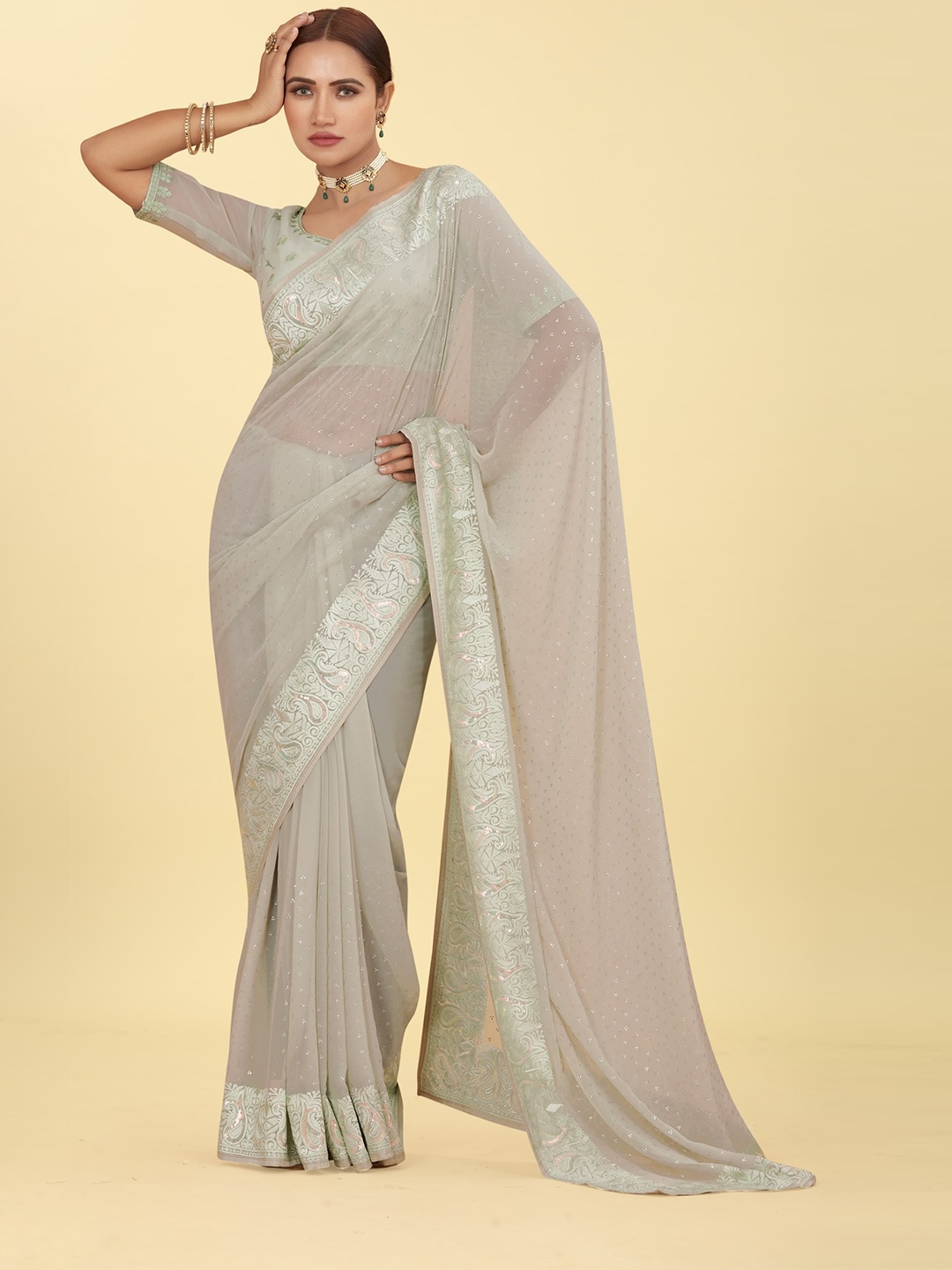 

CHANSI Sea Green Embroidered Poly Georgette Saree