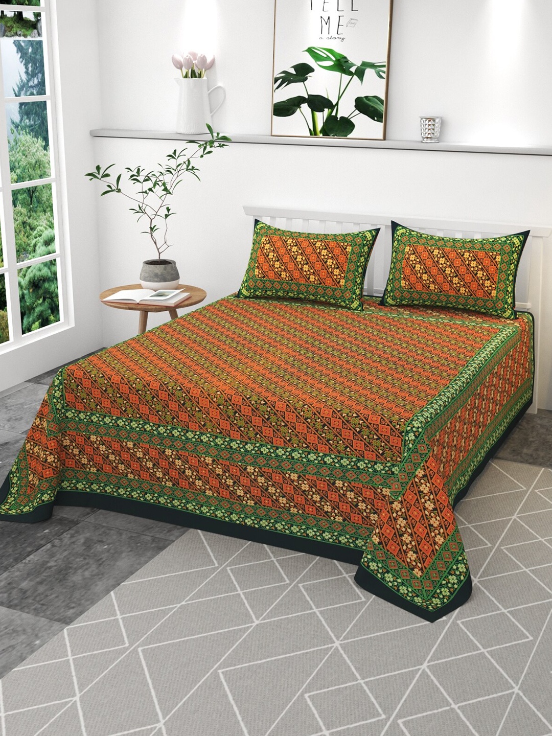 

CLIO'S HERITAGE STORE Timeless Barmeri Orange 144 TC King Bedsheet With 2 Pillow Covers