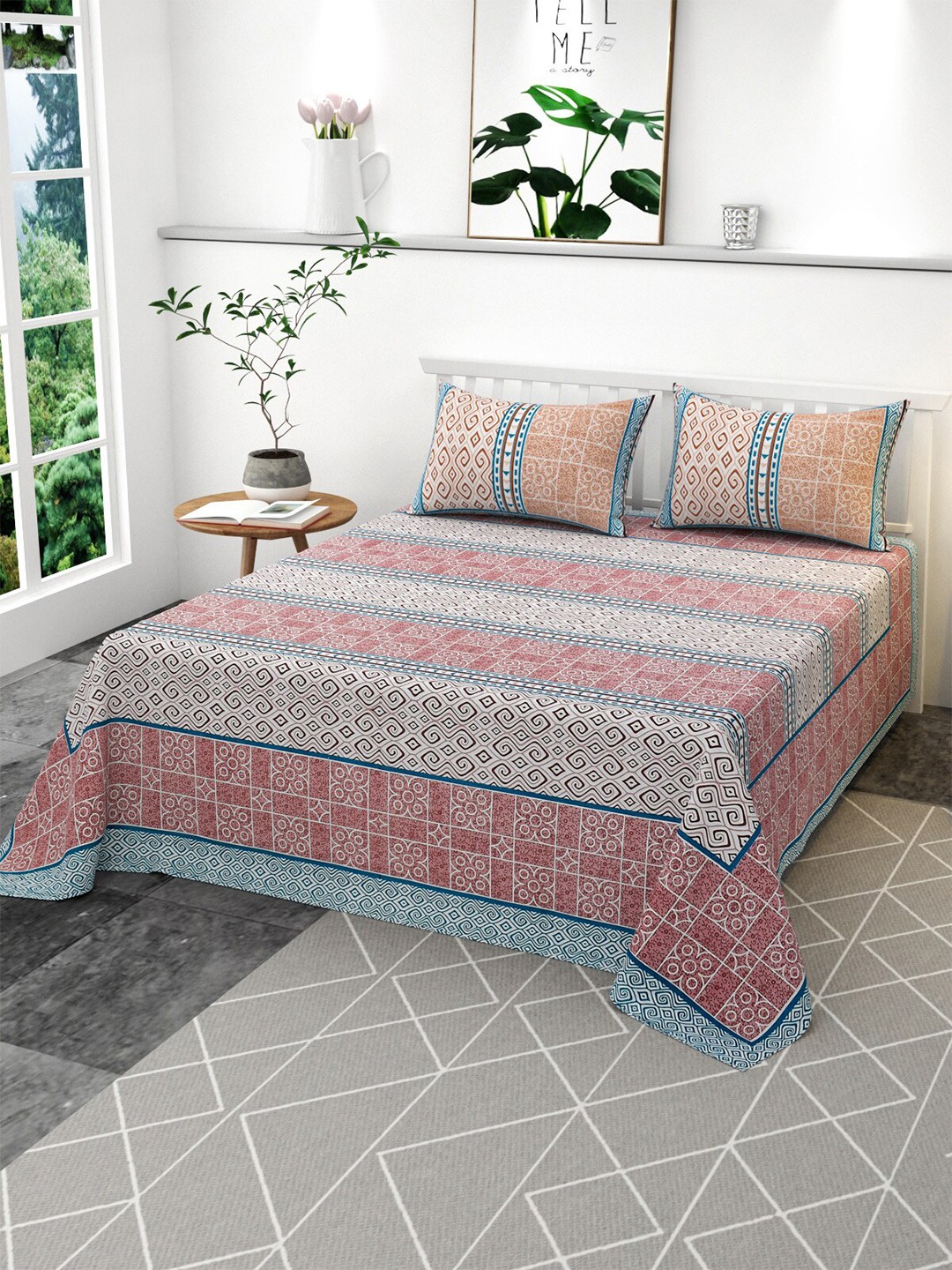 

CLIO'S HERITAGE STORE Timeless Sanganeri Pink 144 TC King Bedsheet With 2 Pillow Covers