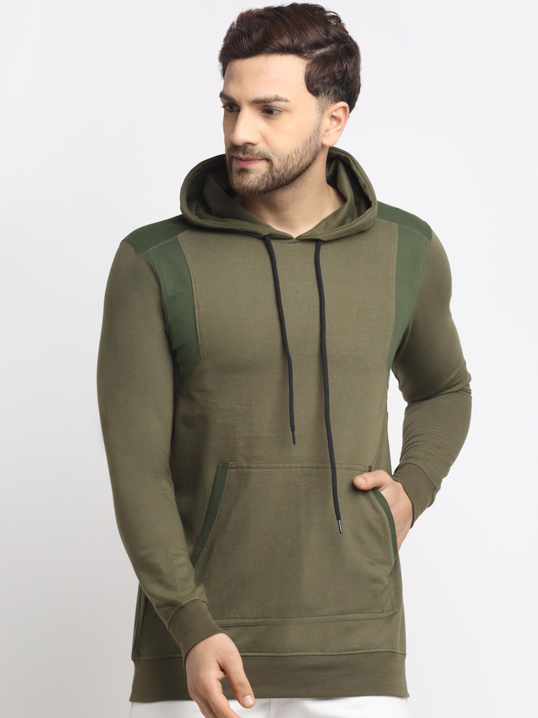 

HOUSE OF VEDAS Hooded Long Sleeves Fleece Pullover, Olive