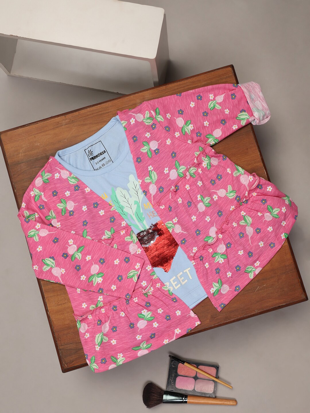 

V-Mart Girls Floral Printed Round Neck Cotton T-shirt, Pink