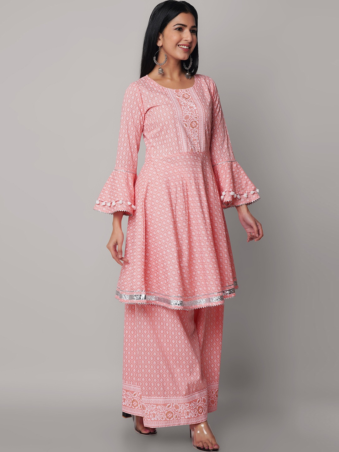 

God Bless Ethnic Motifs Printed Anarkali Kurta With Palazzos, Pink