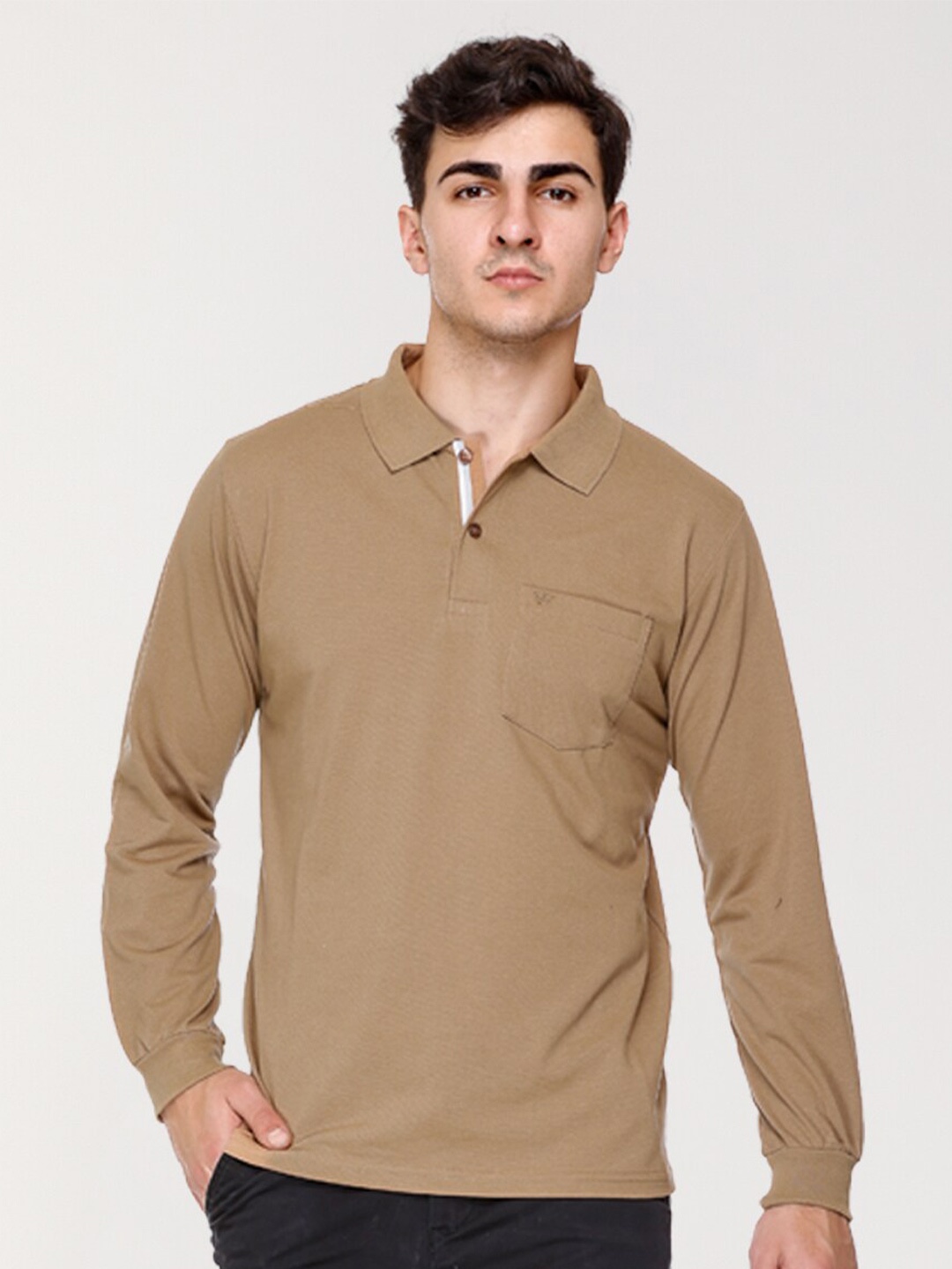 

ARRAY Polo Collar Long Sleeves Cotton T-shirt, Brown