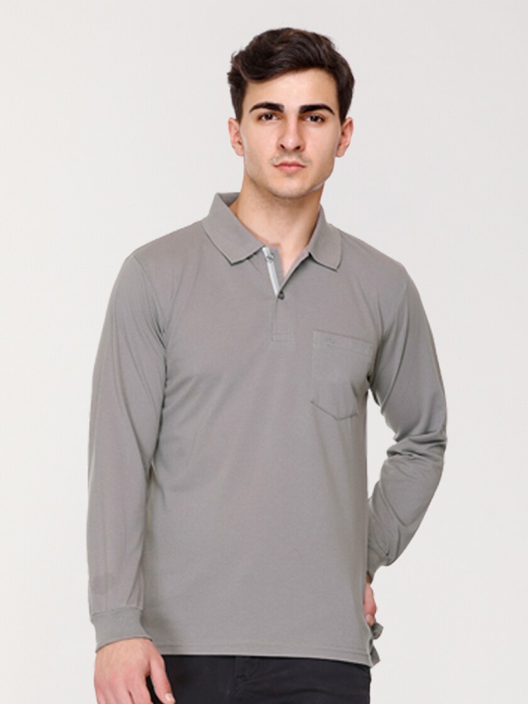 

ARRAY Polo Collar Long Sleeves Cotton T-shirt, Grey