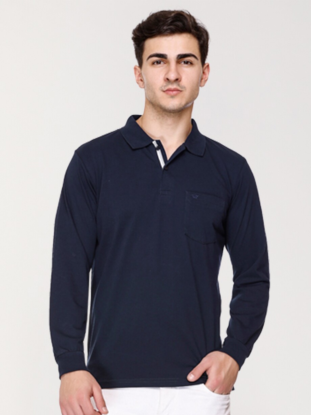 

ARRAY Polo Collar Long Sleeves Cotton T-shirt, Navy blue