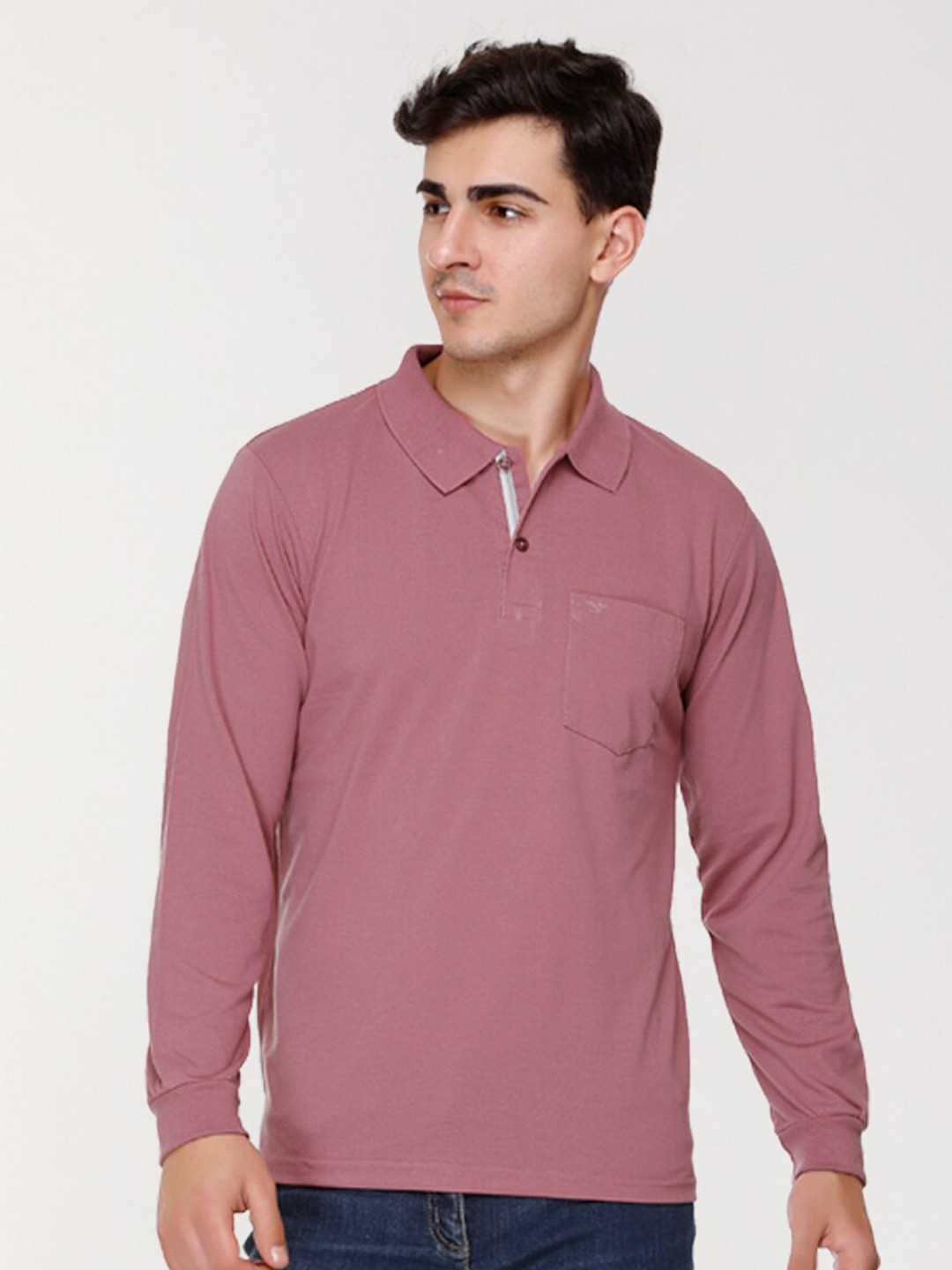 

ARRAY Polo Collar Long Sleeves Cotton T-shirt, Pink