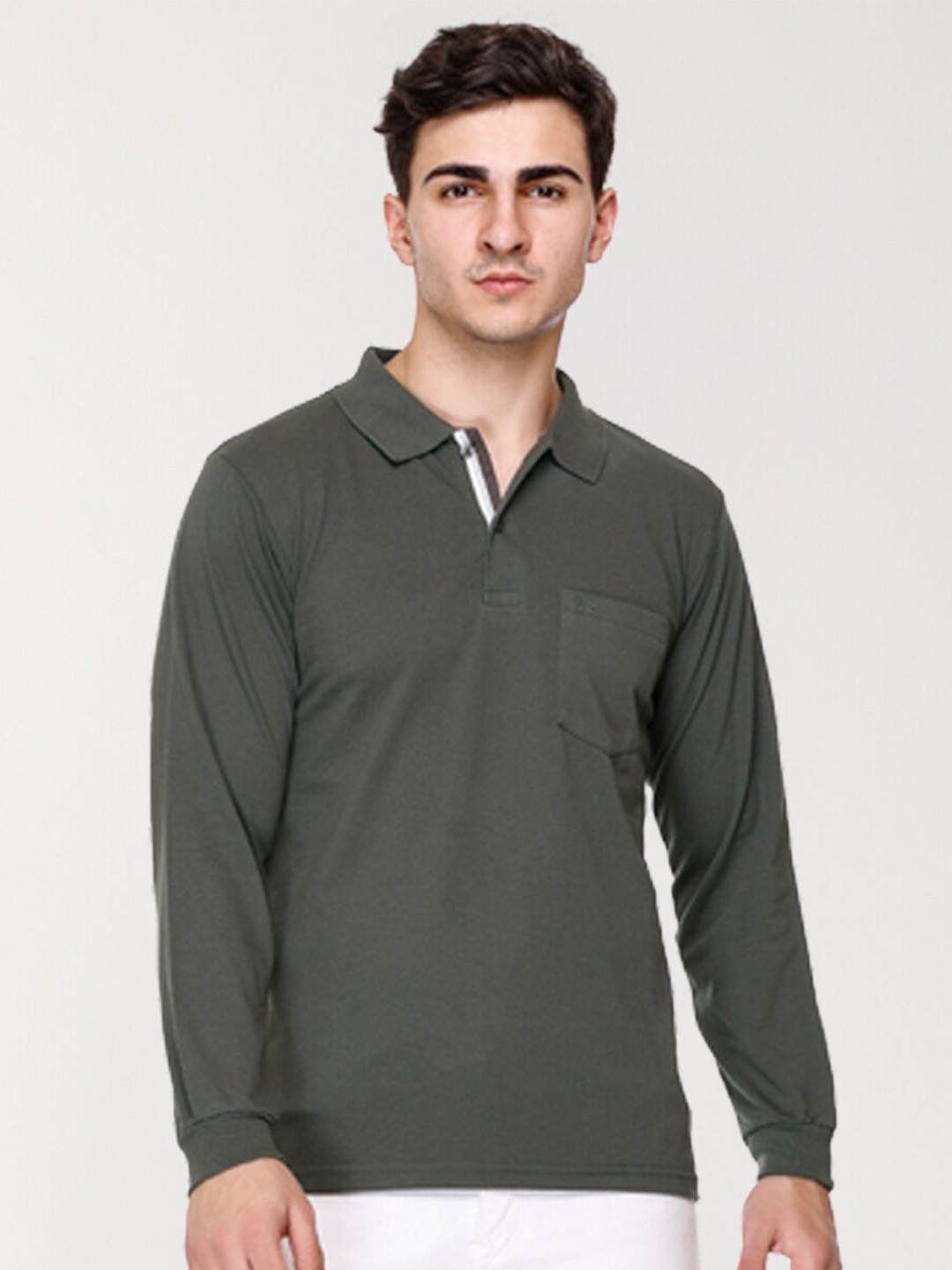 

ARRAY Polo Collar Long Sleeves Cotton T-shirt, Olive