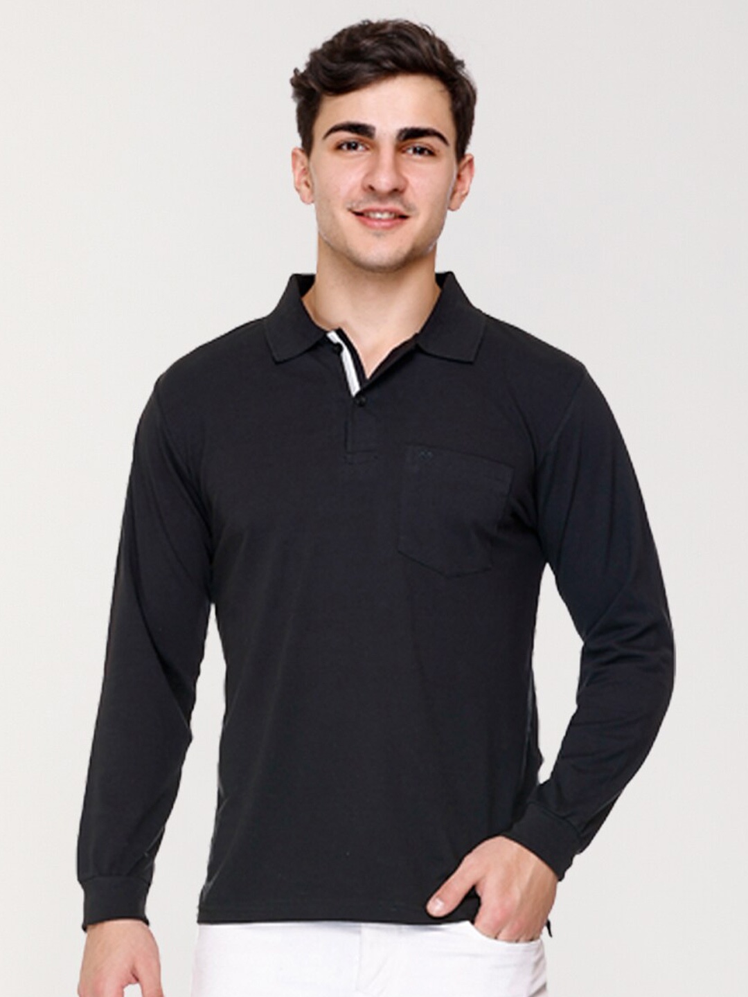 

ARRAY Polo Collar Long Sleeves Cotton T-shirt, Black