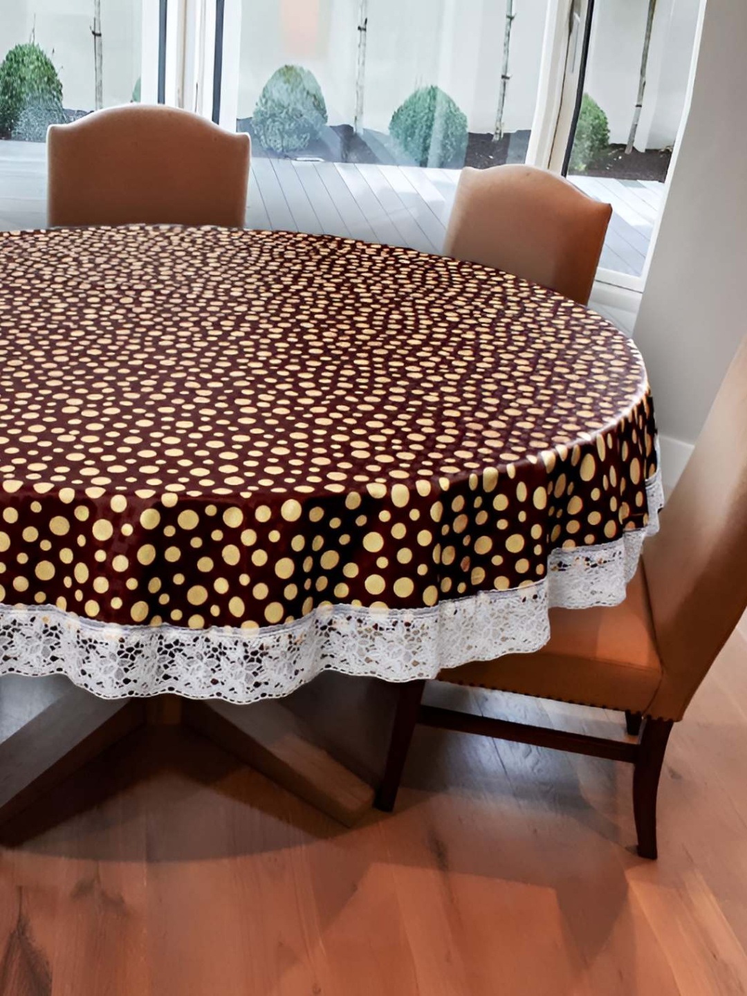 

CASA-NEST Brown & Beige Polka Dots Printed Round 6-Seater Table Cover