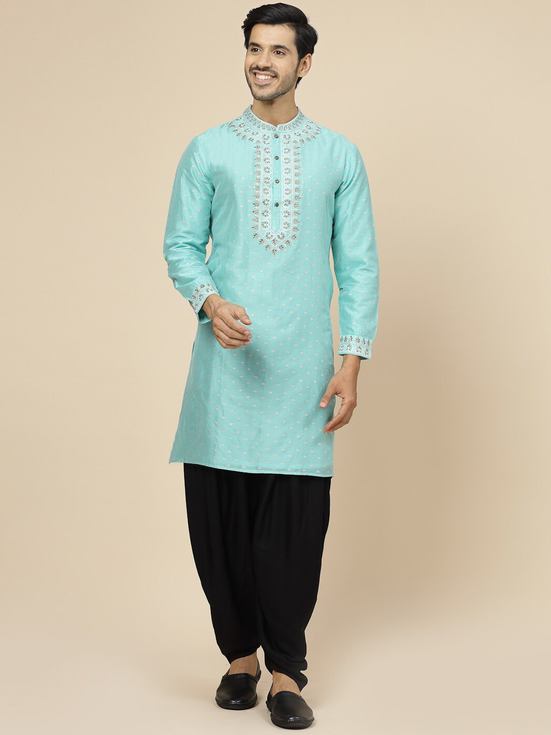 

Ramas Ethnic Motifs Woven Design Mandarin Collar Thread Work Chanderi Silk Straight Kurta, Turquoise blue