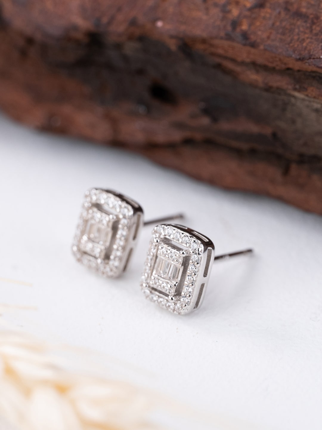 

MISS JO Silver-Plated Stone-Studded Square 92.5 Sterling Silver Studs Earrings