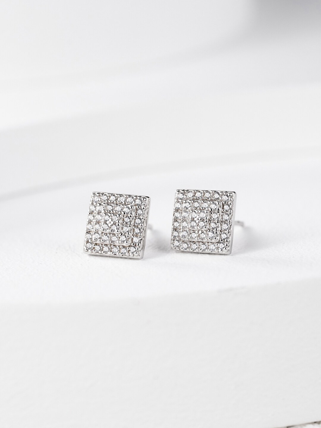 

MISS JO Silver-Plated Stone-Studded Square 92.5 Sterling Silver Studs Earrings