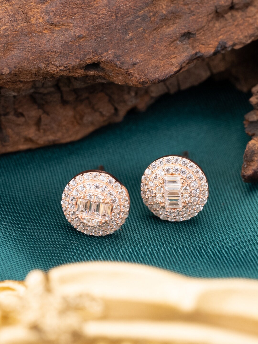 

MISS JO 92.5 Sterling Silver Rose Gold-Plated Stone Studded Studs Earrings