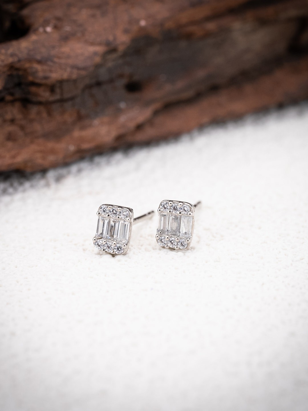 

MISS JO 92.5 Sterling Silver Stone-Studded Square-Shaped Silver-Plated Studs Earrings