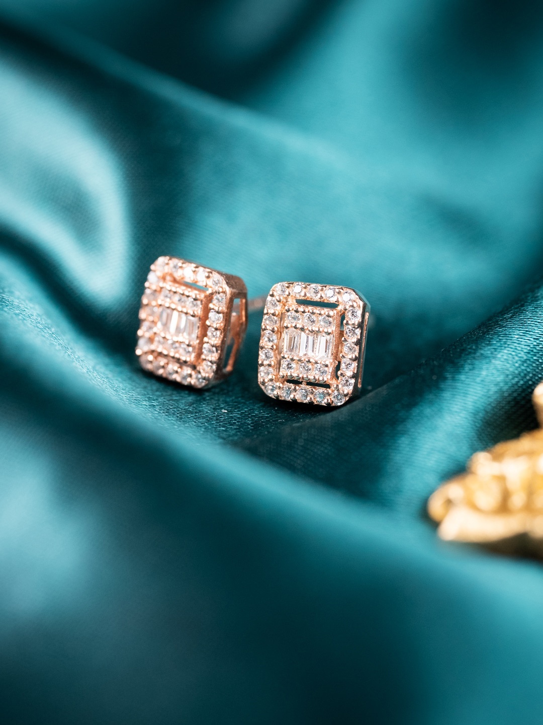 

MISS JO Rose Gold-Plated Stone-Studded Square 92.5 Sterling Silver Studs Earrings