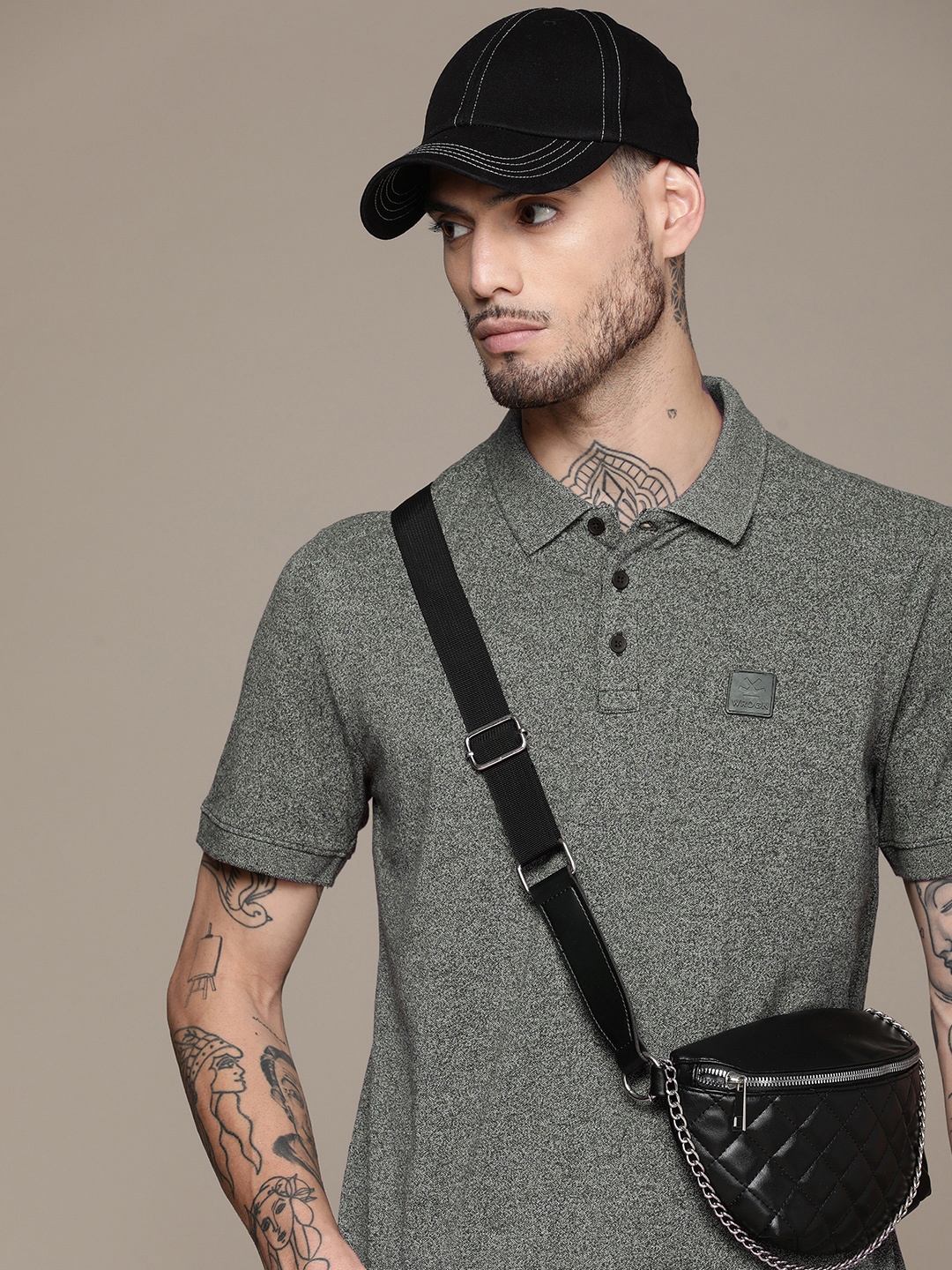

WROGN Men Polo Collar Pure Cotton T-shirt, Grey melange