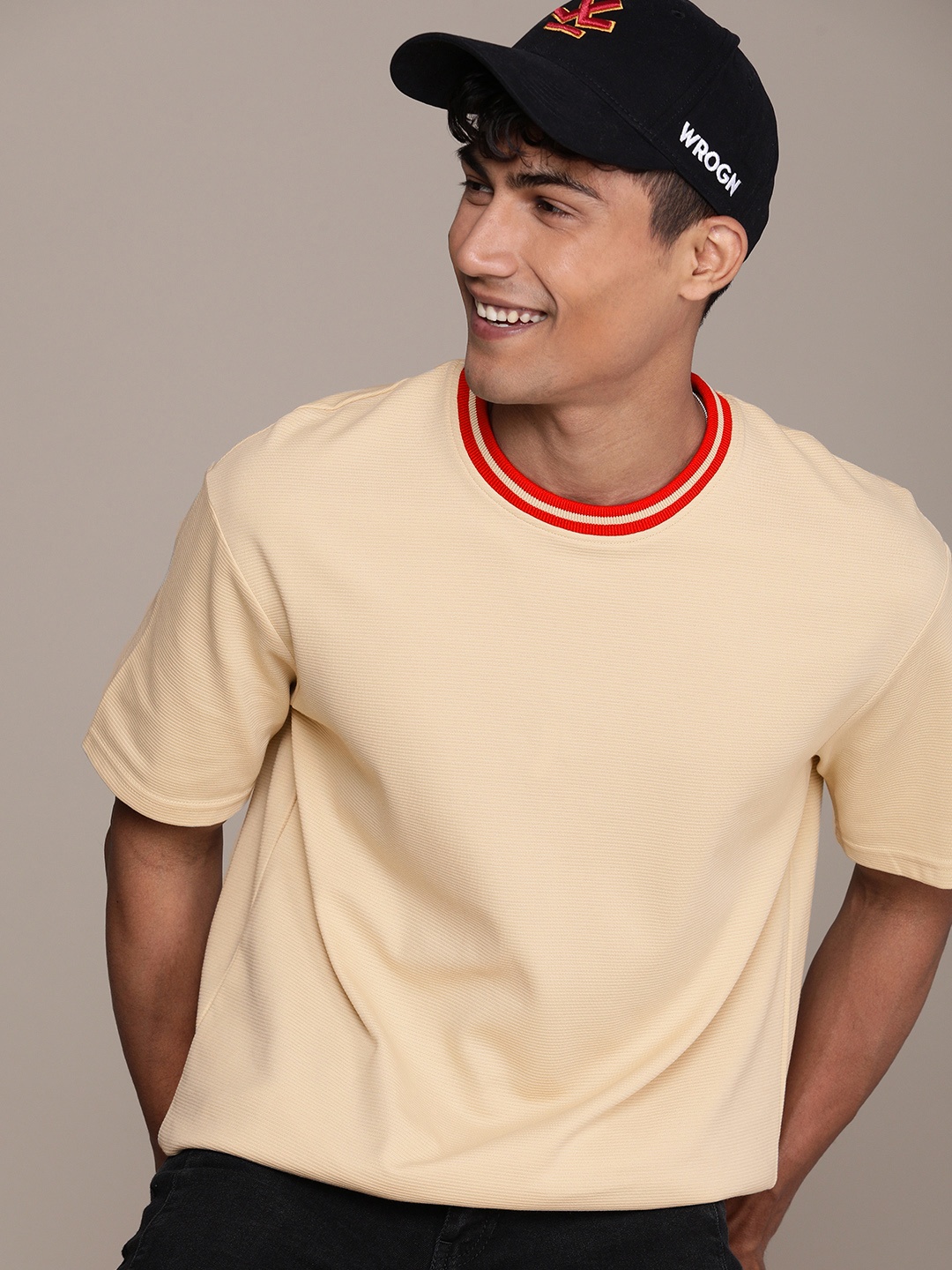 

WROGN Men Pure Cotton T-shirt, Beige