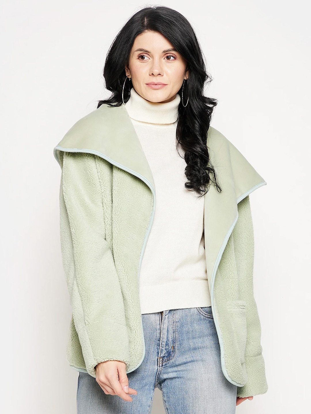 

EDRIO Self Design Fur Hooded Front-Open Sweatshirt, Sea green