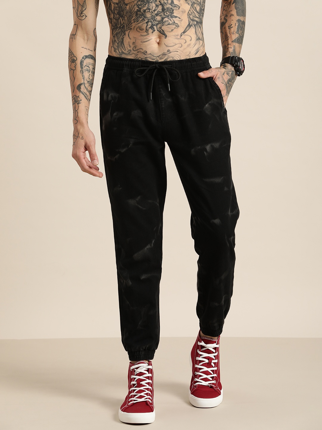 

HERE&NOW Men Relaxed Pure Cotton Joggers, Black