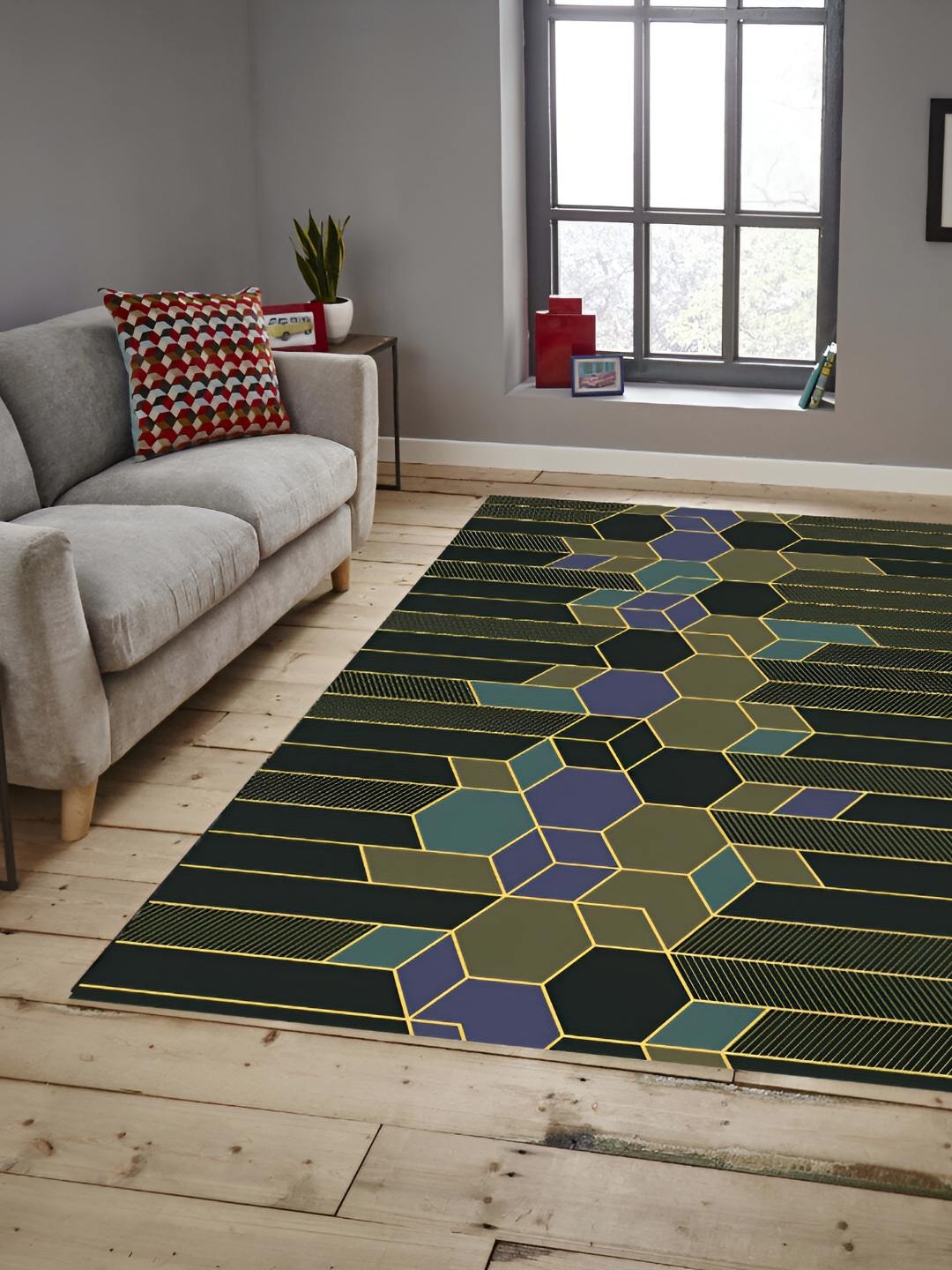 

Sparrow world Olive Green Geometric Printed Anti-Skid Carpet