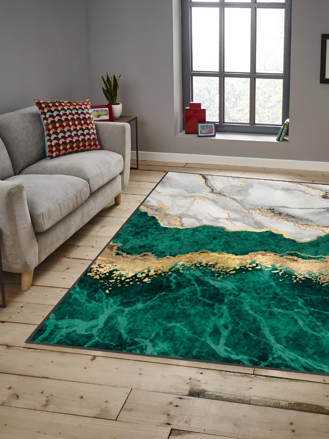 

Sparrow world Green Gold Toned Abstract Anti-Skid Carpet