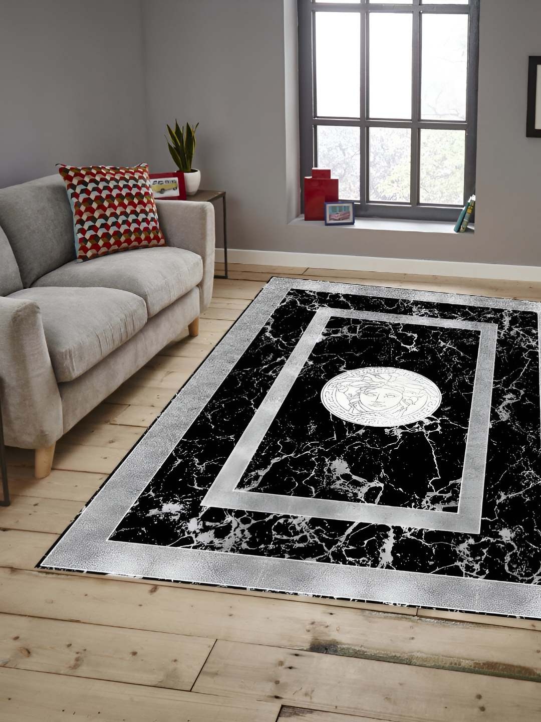 

Sparrow world Black Gold Toned Abstract Anti-Skid Carpet