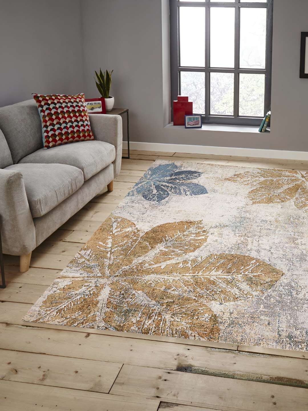 

Sparrow world Beige Blue Floral Printed Anti-Skid Carpet