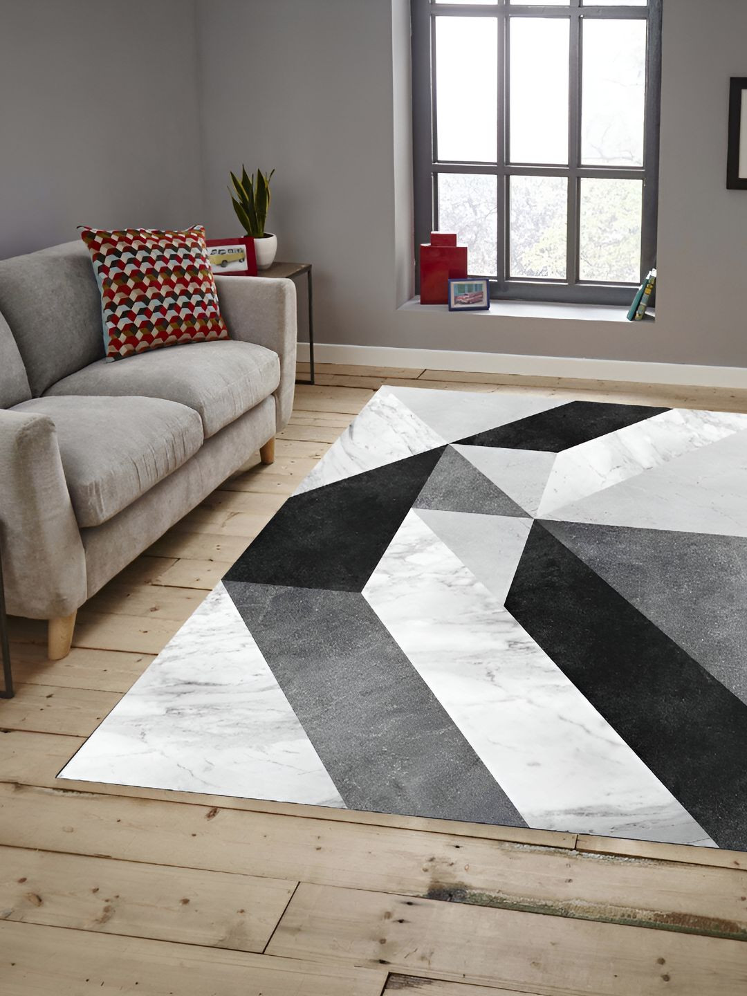 

Sparrow world Grey Black Geometric Anti-Skid Carpet