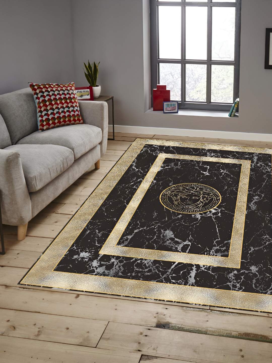 

Sparrow world Black Abstract Anti-Skid Carpet
