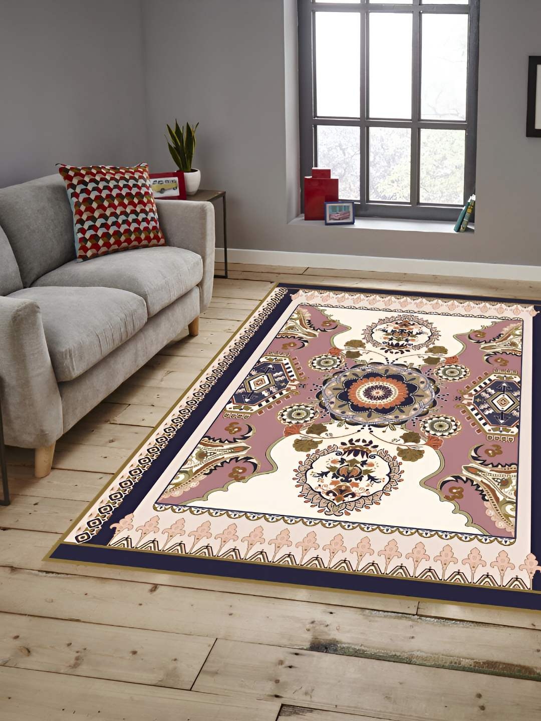 

Sparrow world Peach White Floral Printed Anti-Skid Carpet
