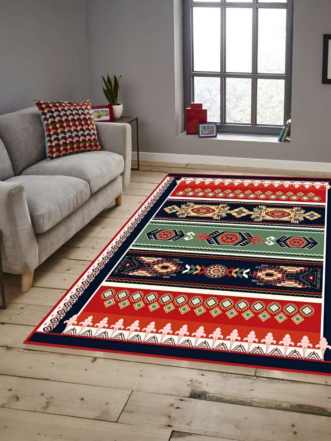 

Sparrow world Red & White Bohemian Anti-Skid Rectangular Carpet
