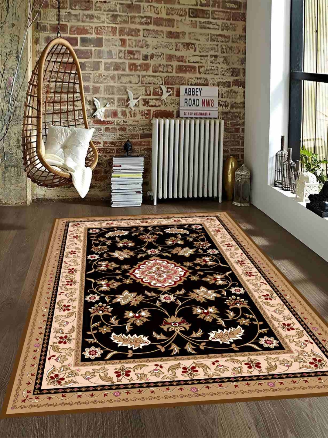 

Sparrow world Brown & Black Bohemian Anti-Skid Rectangular Carpet