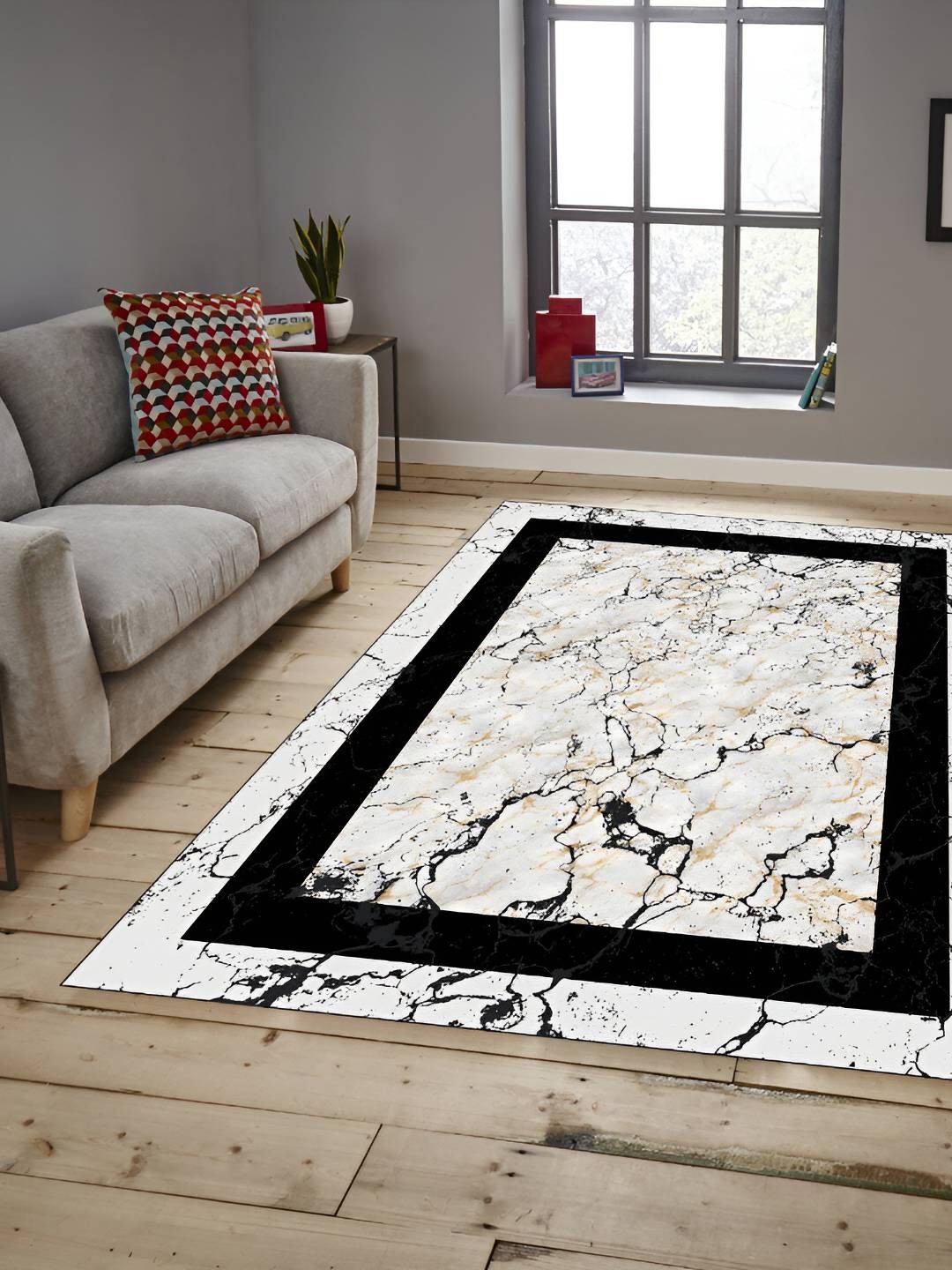 

Sparrow world White & Black Bohemian Anti-Skid Rectangular Carpet