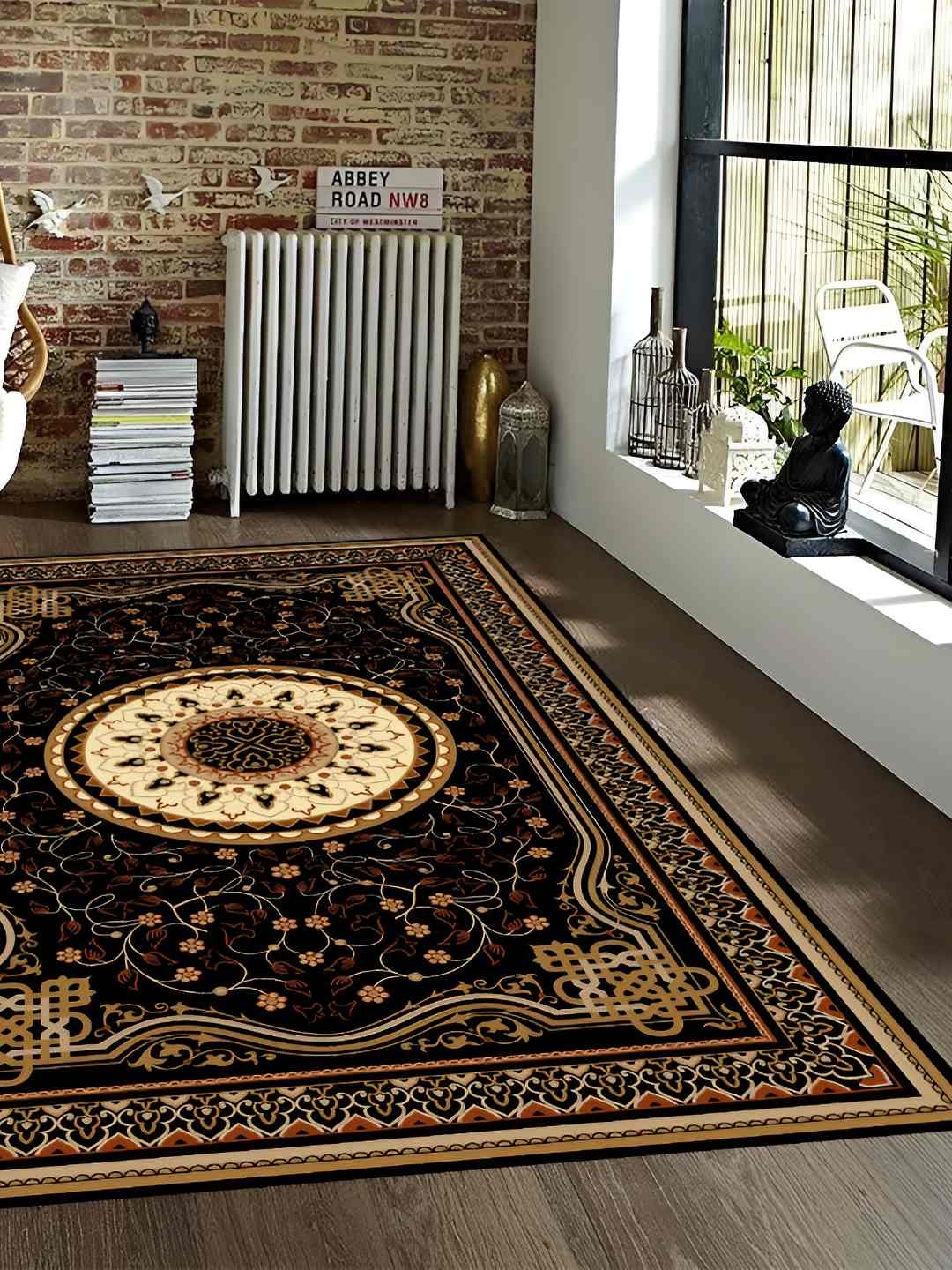 

Sparrow world Black & Brown Bohemian Anti-Skid Rectangular Carpet